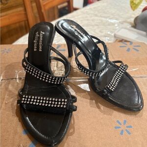 Vintage Italian Handcrafted Black Leather Rhinestone Strappy Kitten Sandal Heels